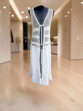 VIVID Cream Crochet Boho Longline Duster Vest Sleeveless Open Front Fringe